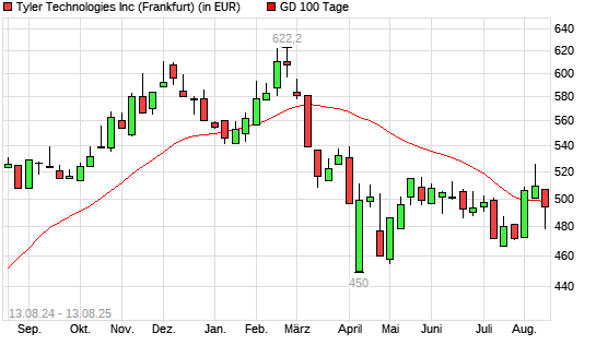 Tyler Techs-Aktie unter 100-Tage-Linie
